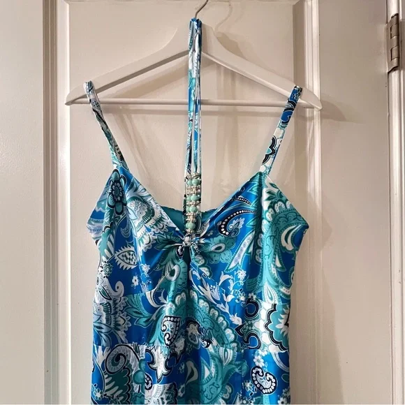 Boston Proper Stamped Floral Blues Print Necklace Detail  Maxi Dress, Size 10 - Picture 10 of 11